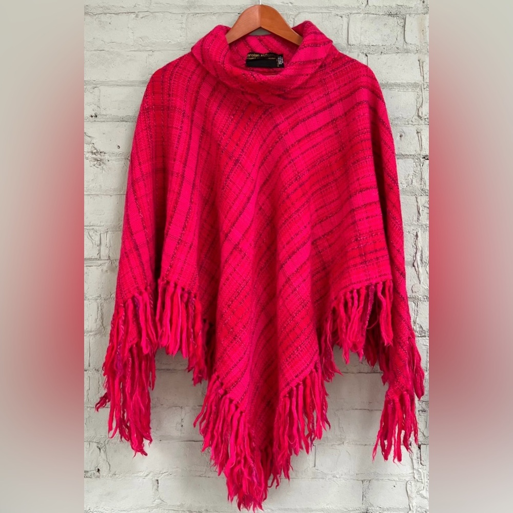 Vintage Wool Plaid Poncho with Fringe